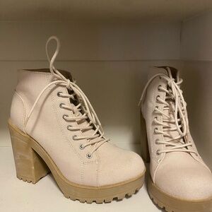 Divided Beige Lace-Up Heeled Boots